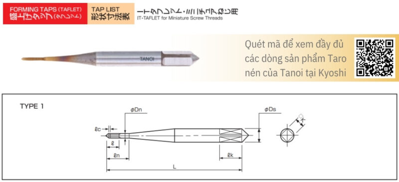 Bản vẽ kỹ thuật Mũi taro nén ren siêu nhỏ IT Taflet-C IT-TF-C