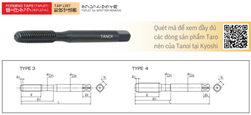 Bản vẽ kỹ thuật Mũi taro nén làm sạch ren Tanoi TAFLET SR-TF