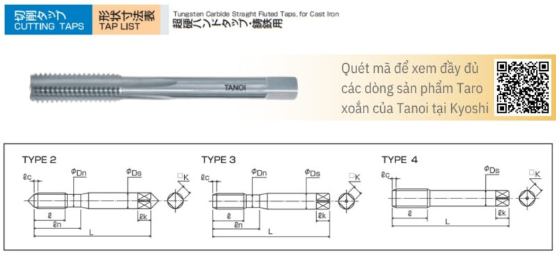 Bản vẽ kỹ thuật Mũi taro thẳng hợp kim Tanoi TC-HT-FC chuyên gang, hiệu suất cao