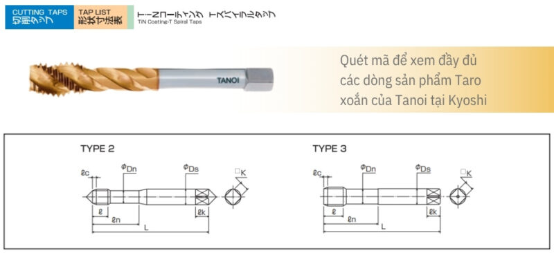 Bản vẽ kỹ thuật Mũi taro xoắn T Tanoi TiN-TSP chuyên sắt