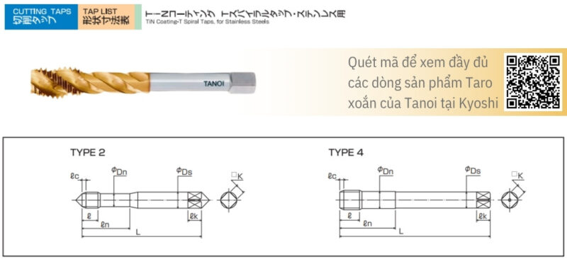 Bản vẽ kỹ thuật Mũi taro xoắn Tanoi TiN-TSP-SUS 