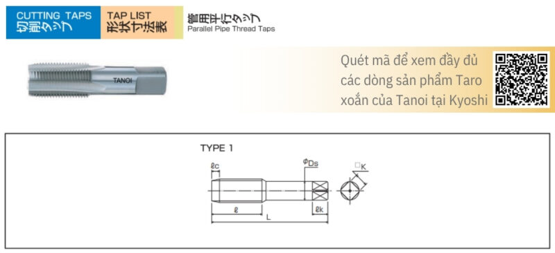 Bản vẽ kỹ thuật Mũi taro ren ống song song Tanoi P/PS (Rp) chịu mài mòn cao