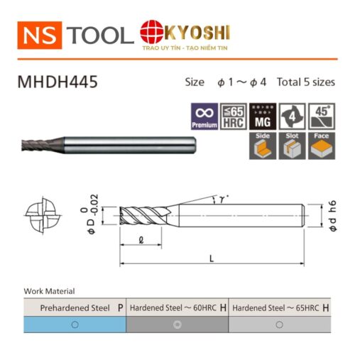 Dao phay ngón flat 4 me MHDH445 NS Tool chuyên thép tôi cứng