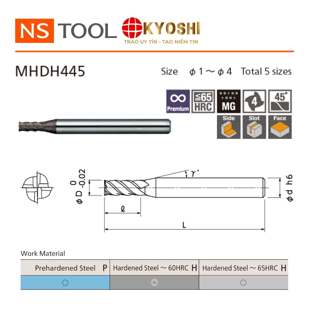 Dao phay ngón flat 4 me MHDH445 NS Tool chuyên thép tôi cứng