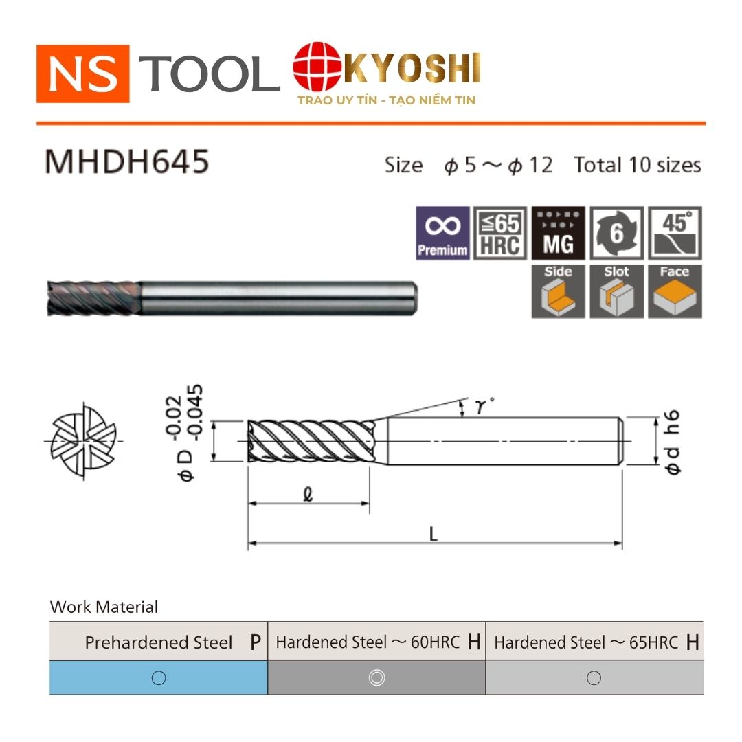 Dao phay ngón flat 6 me MHDH645 NS Tool chuyên thép tôi cứng
