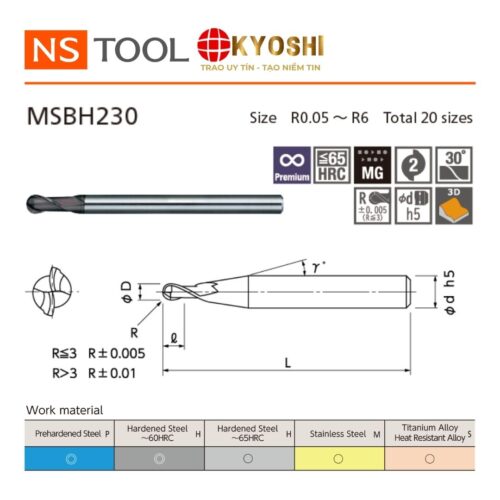 Dao phay cầu 2 me MSBH230 NS Tool chuyên thép tôi cứng