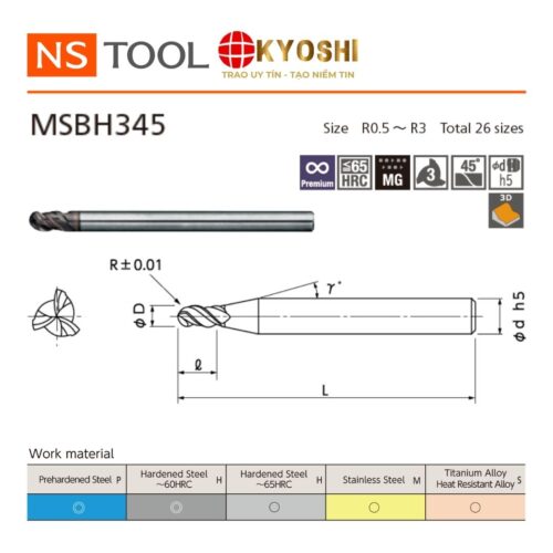 Dao phay cầu 3 me MSBH345 NS Tool chuyên thép tôi cứng