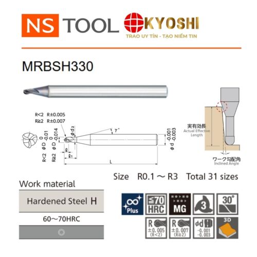 Dao phay cầu cổ dài 3 lưỡi MRBSH330 đường kính nhỏ, hiệu suất cao