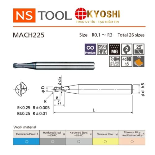 Dao phay cầu cổ dài 2 me tốc độ cao MACH225 NS Tool