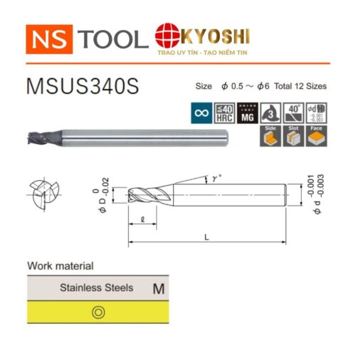 Dao phay ngón flat 3 me MSUS340S NS Tool chuyên thép không gỉ